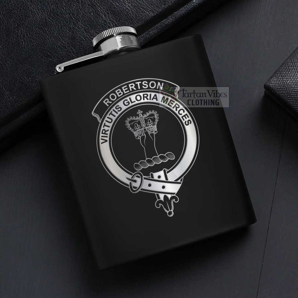 Tartan Vibes Clothing Robertson Crest Hip Flask Set 7oz Black Stainless Steel with A Gift Box