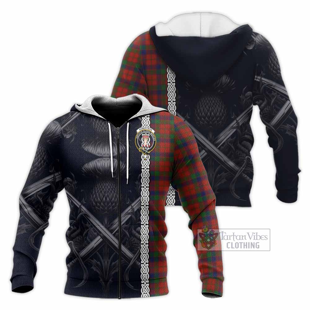 Tartan Vibes Clothing Robertson Tartan Knitted Hoodie with Family Crest Cross Sword Thistle Celtic Vibes