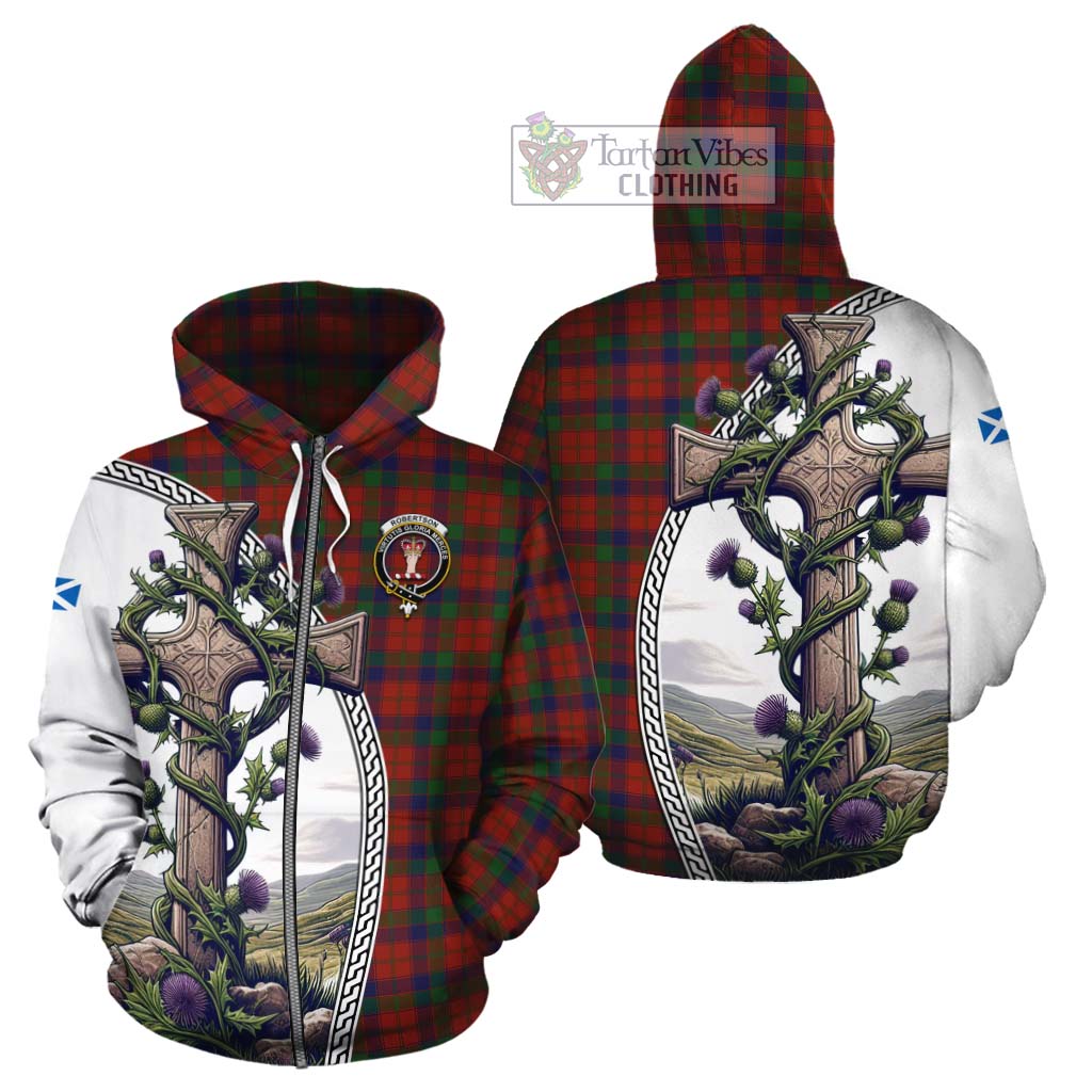 Tartan Vibes Clothing Robertson Tartan Cotton Hoodie with Family Crest and St. Andrew's Cross Accented by Thistle Vines