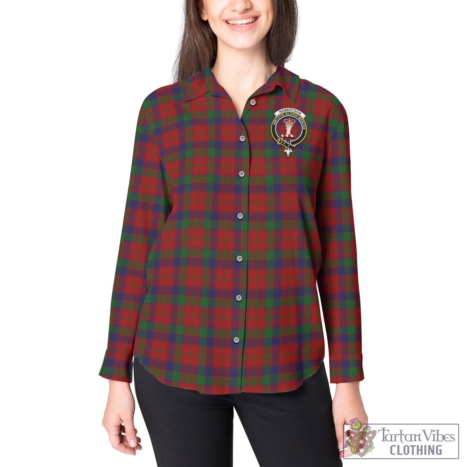 Tartan Vibes Clothing Robertson Tartan Womens Casual Shirt with Family Crest