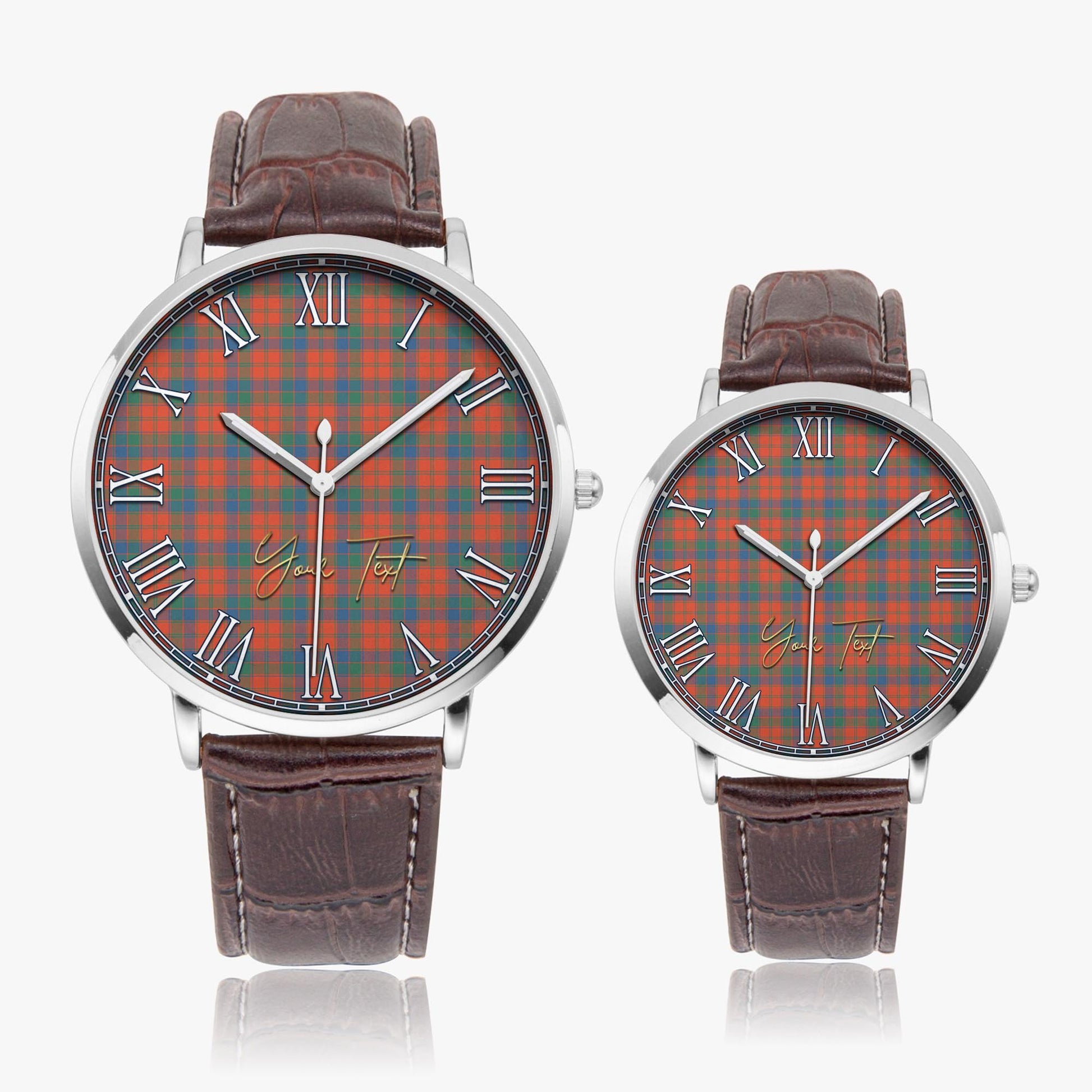 Robertson Ancient Tartan Personalized Your Text Leather Trap Quartz Watch Ultra Thin Silver Case With Brown Leather Strap - Tartanvibesclothing