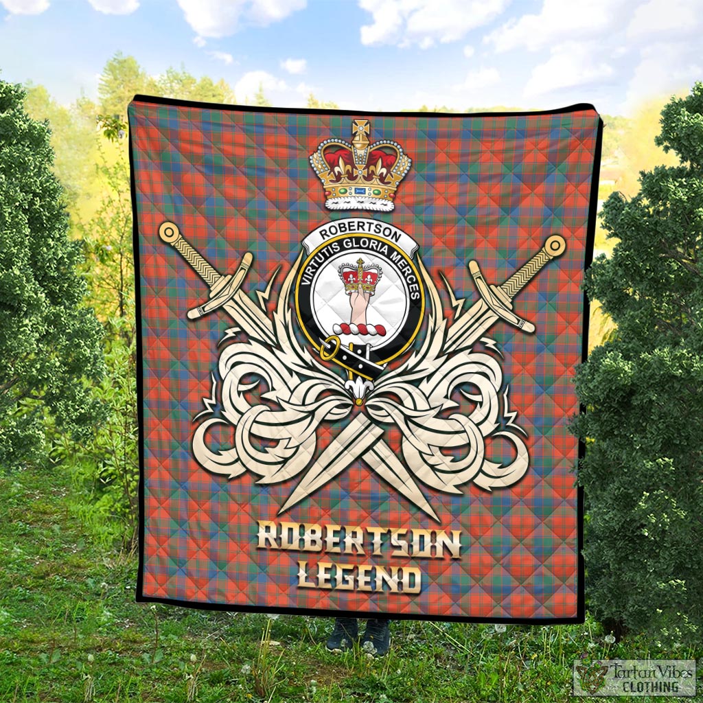 Tartan Vibes Clothing Robertson Ancient Tartan Quilt with Clan Crest and the Golden Sword of Courageous Legacy