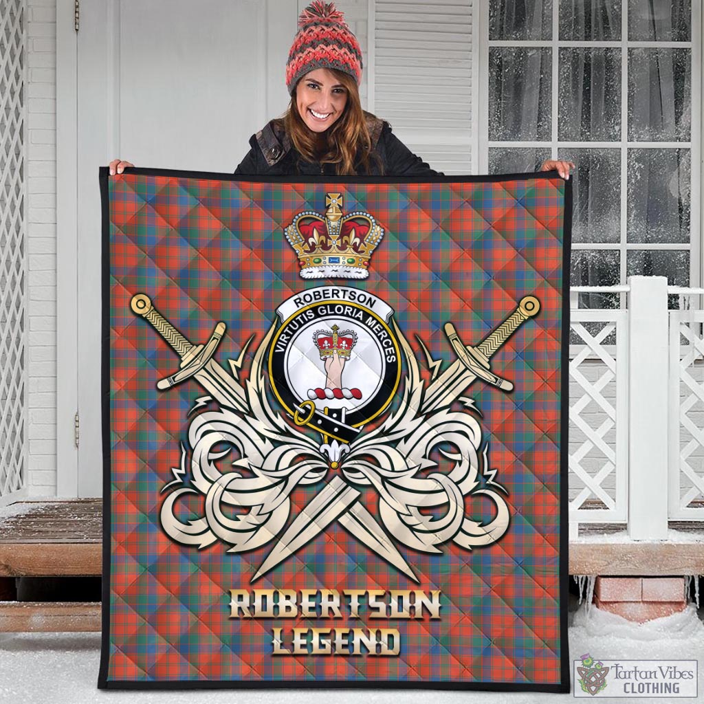 Tartan Vibes Clothing Robertson Ancient Tartan Quilt with Clan Crest and the Golden Sword of Courageous Legacy