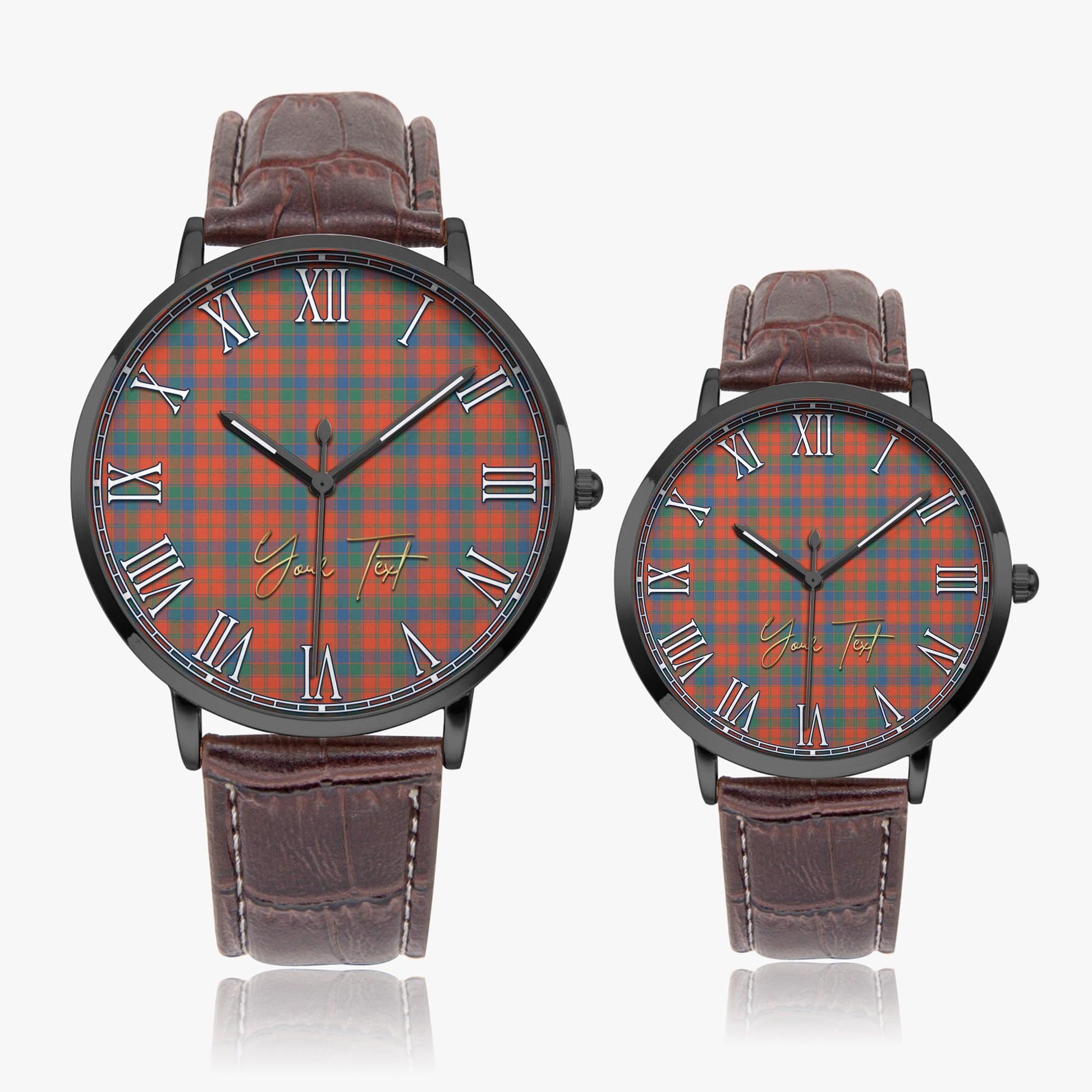Robertson Ancient Tartan Personalized Your Text Leather Trap Quartz Watch Ultra Thin Black Case With Brown Leather Strap - Tartanvibesclothing