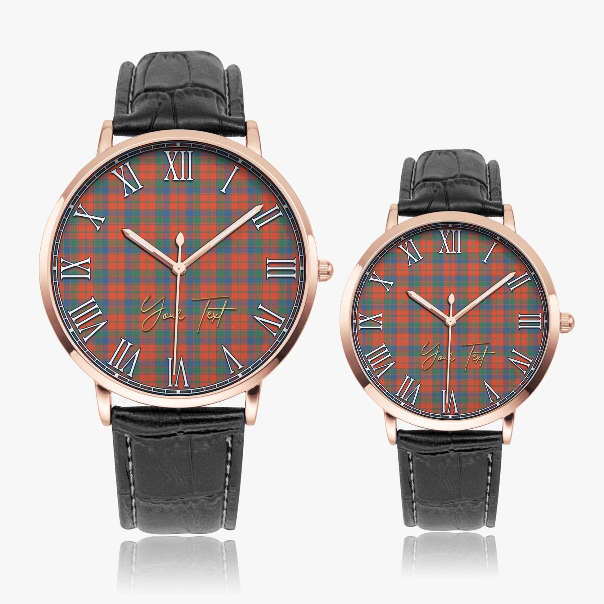 Robertson Ancient Tartan Personalized Your Text Leather Trap Quartz Watch Ultra Thin Rose Gold Case With Black Leather Strap - Tartanvibesclothing