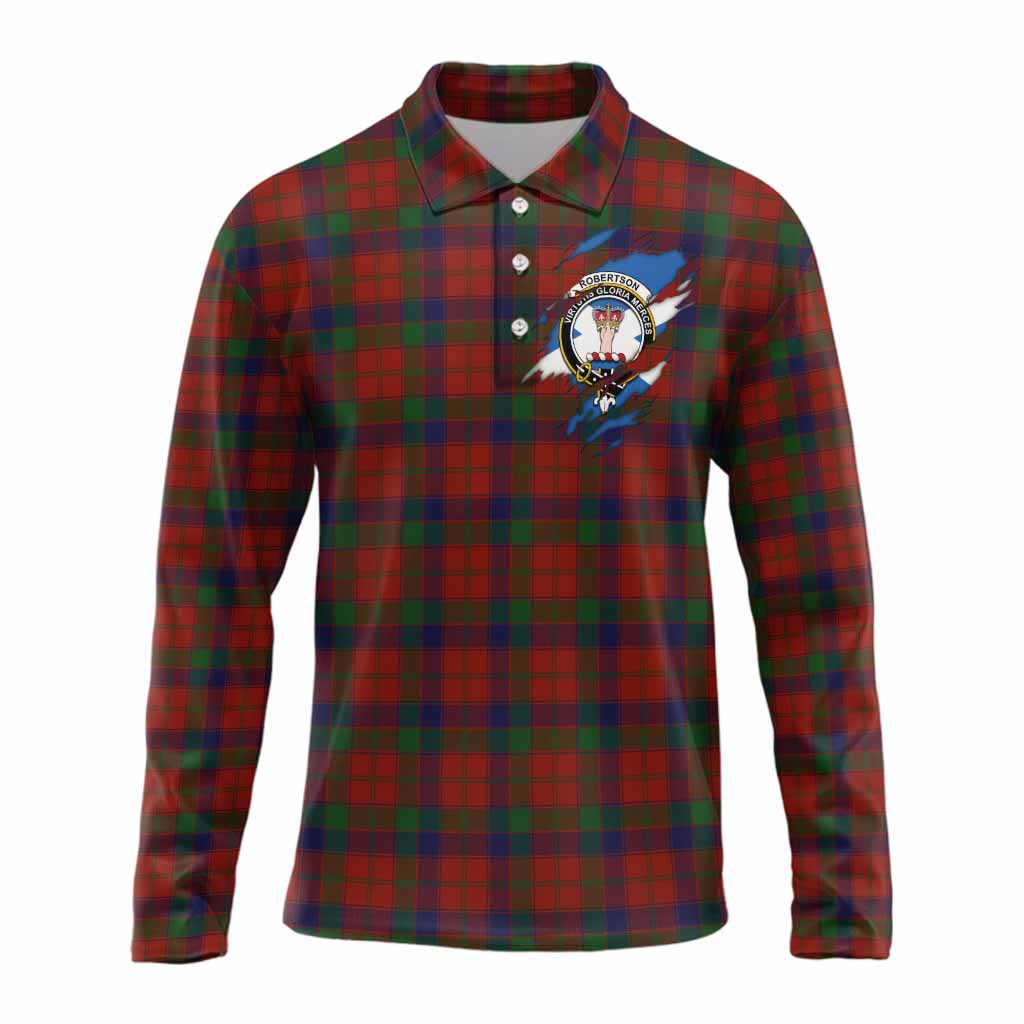 Robertson Clan Crest In Me Tartan Long Sleeve Polo Shirt Scotland Flag Style