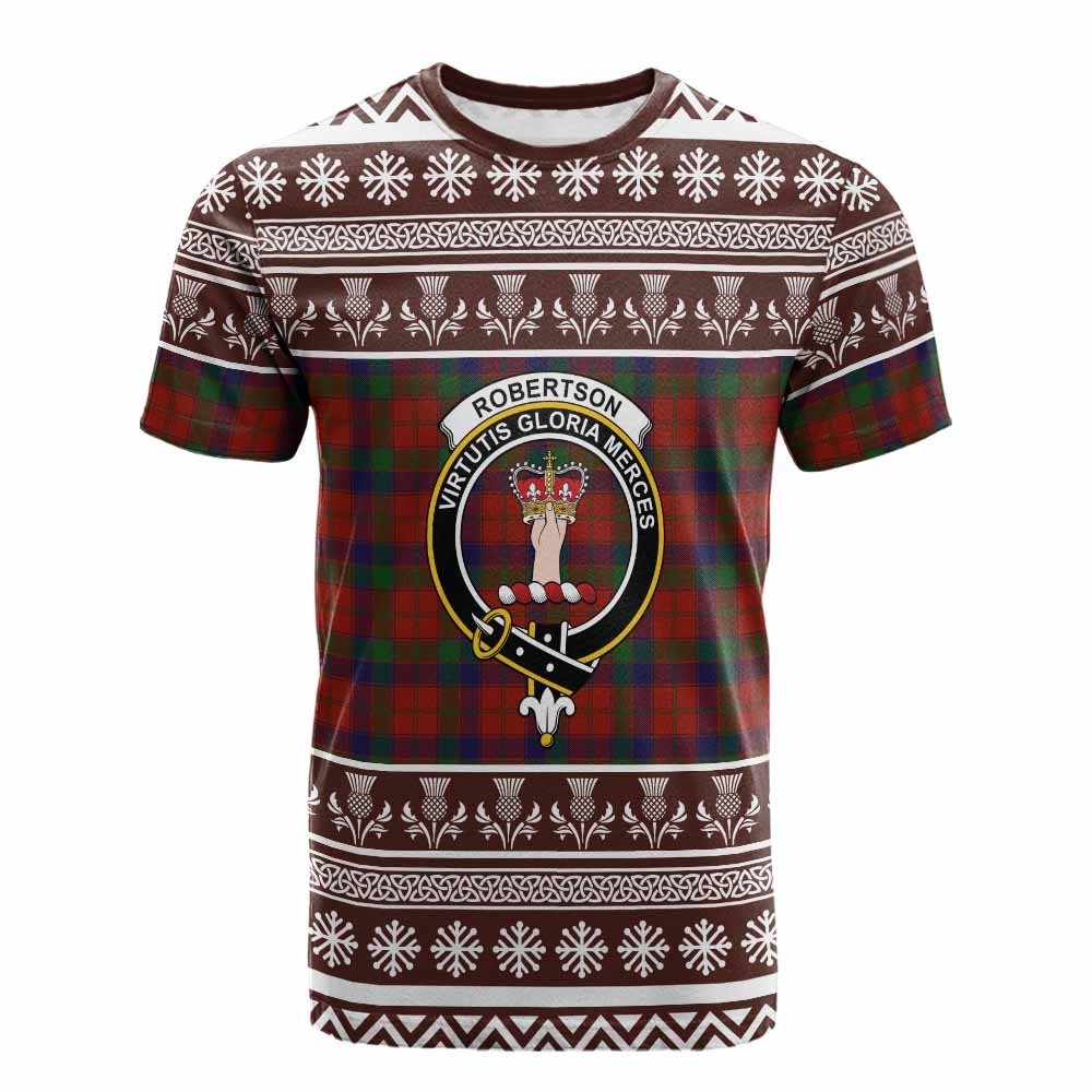 Robertson Clan Tartan Christmas Cotton T-shirt with Family Crest - Tartan Vibes Clothing
