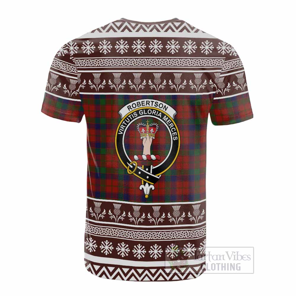 Robertson Clan Tartan Christmas Cotton T-shirt with Family Crest - Tartan Vibes Clothing