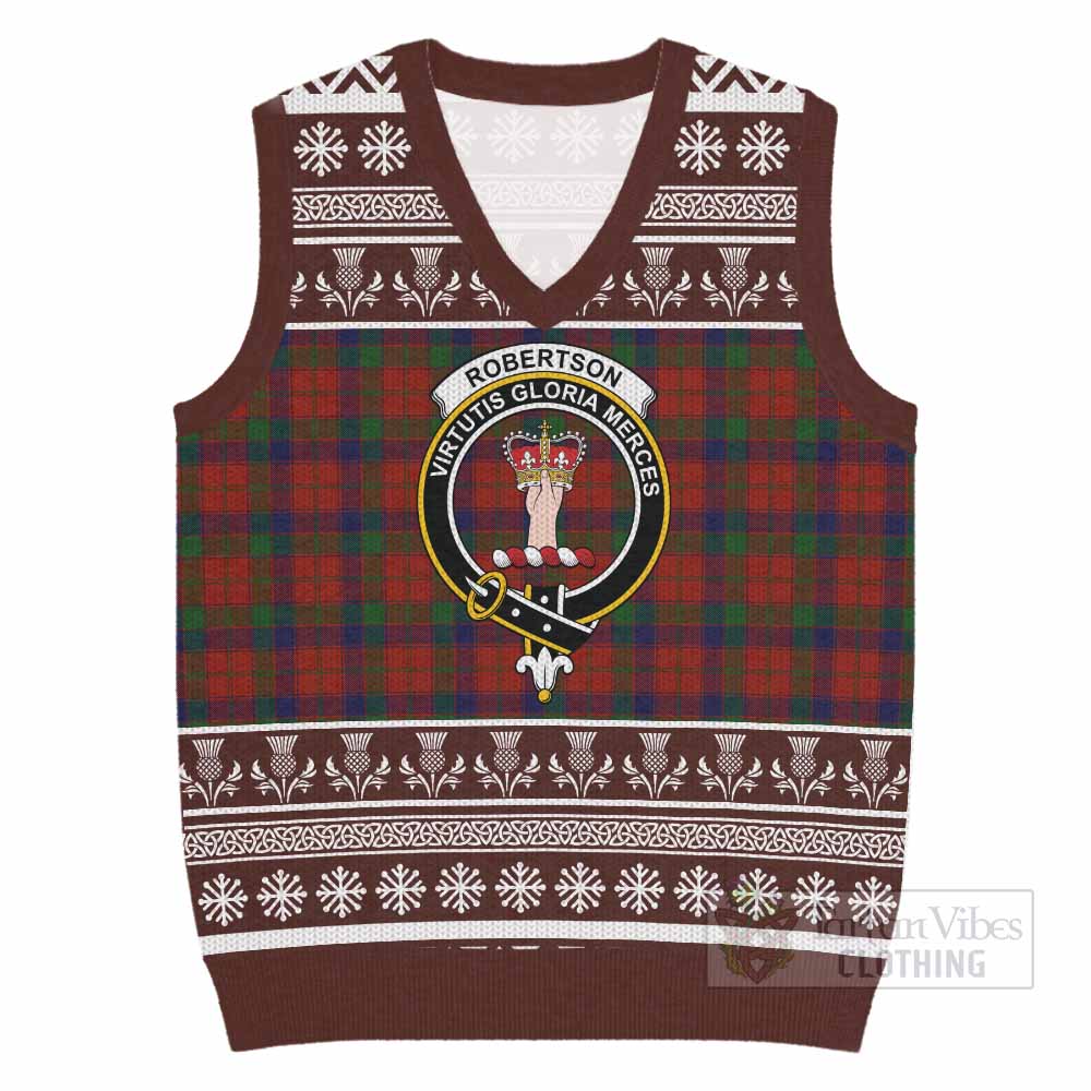 Robertson Clan Tartan Christmas Knitted V-Neck Vest with Family Crest - Tartan Vibes Clothing