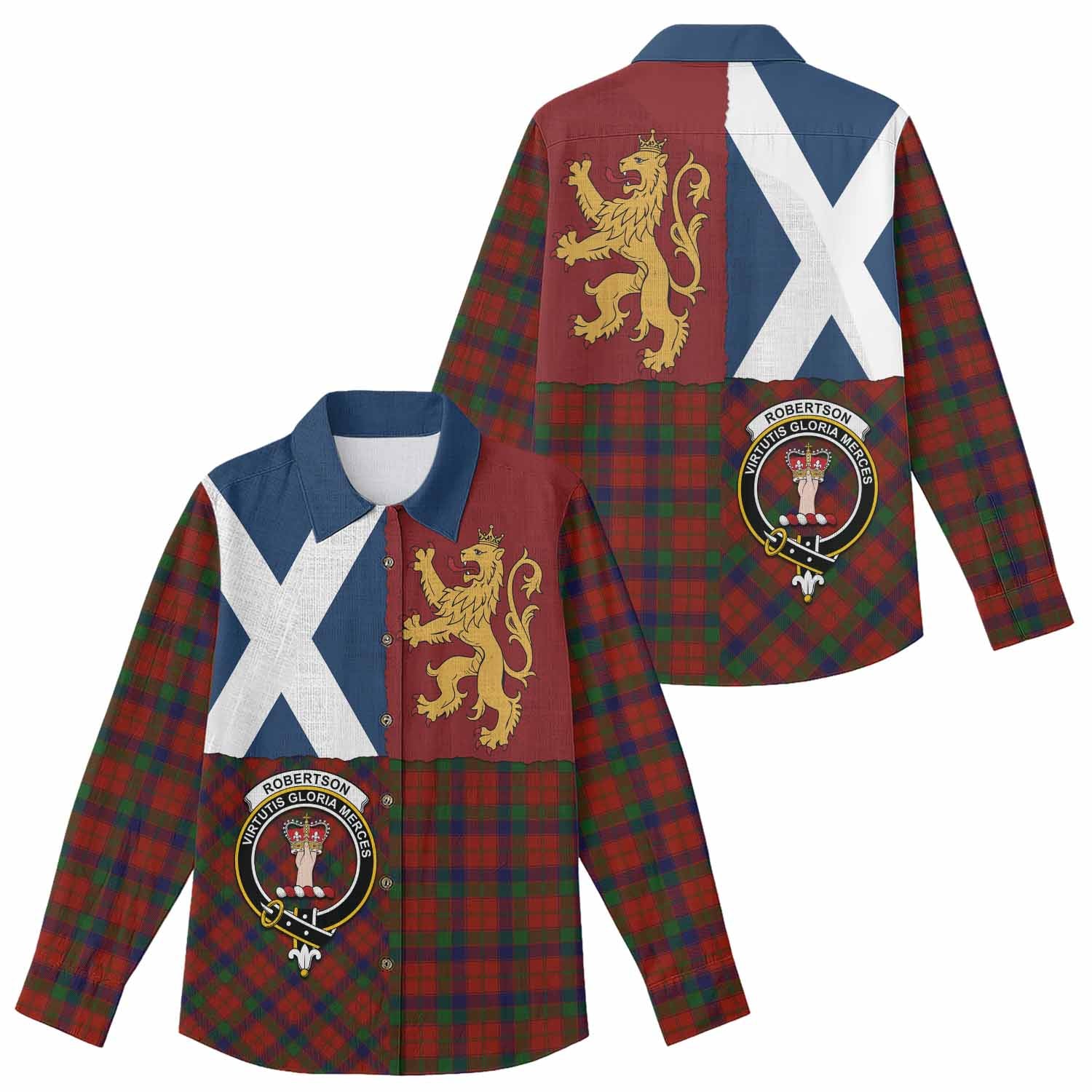 Robertson Crest Tartan Women Casual Shirt with Lion Rampant Saltire Style