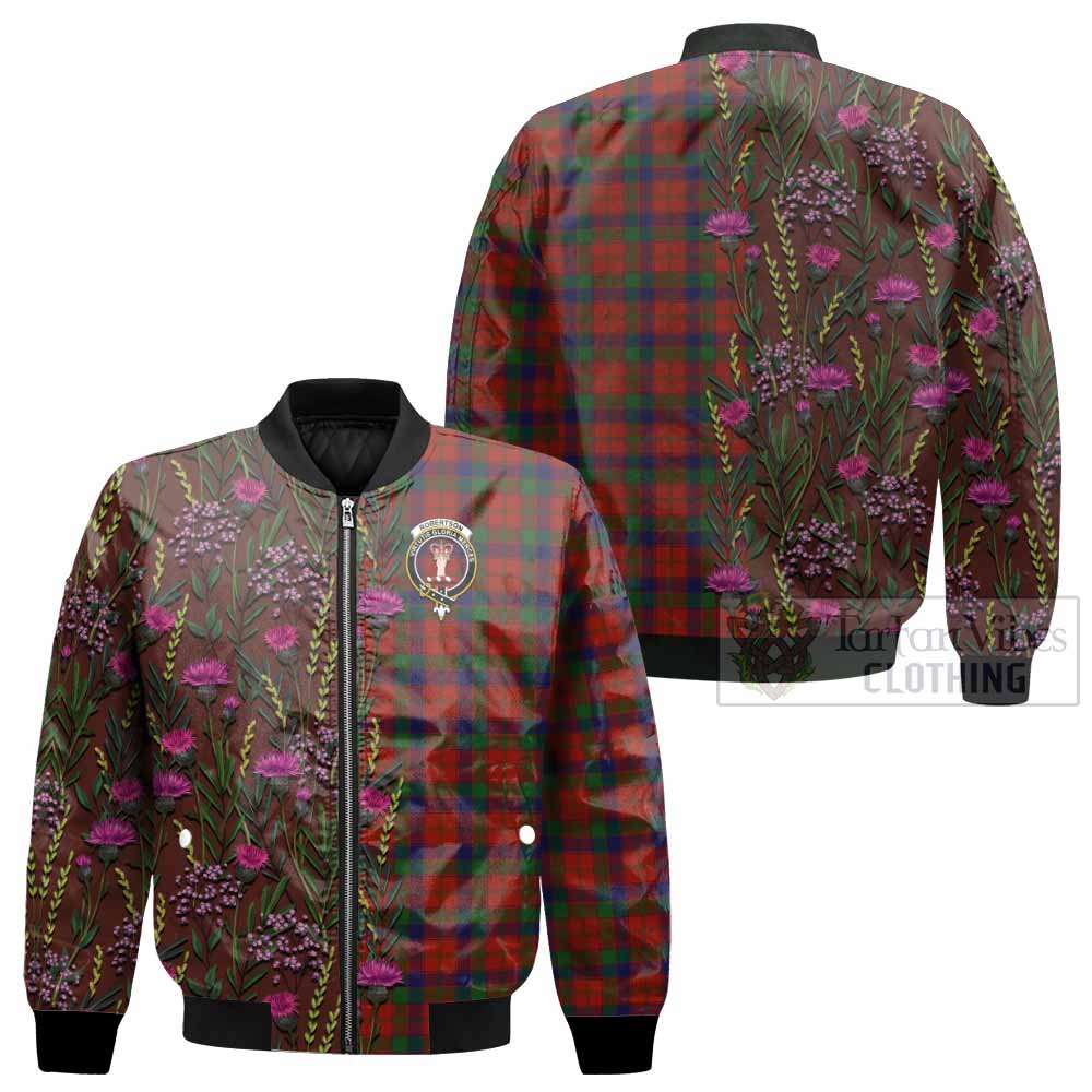 Robertson Family Crest Tartan Bomber Jacket Scottish Thistle Flower Pattern Half Style - Tartan Vibes Clothing