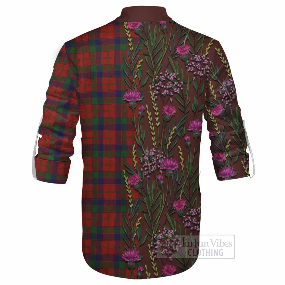 Robertson Family Crest Tartan Ghillie Shirt Scottish Thistle Flower Pattern Half Style - Tartan Vibes Clothing