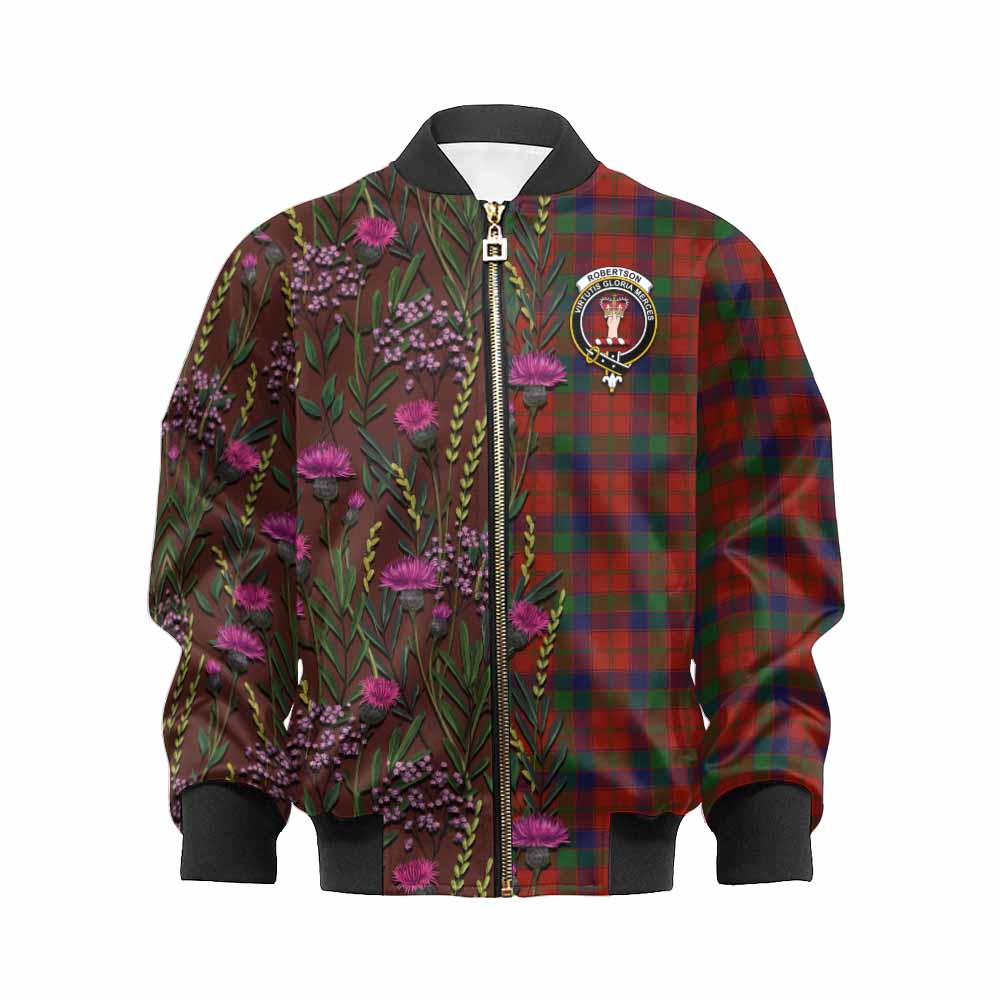 Robertson Family Crest Tartan Kid Bomber Jacket Scottish Thistle Flower Pattern Half Style - Tartan Vibes Clothing
