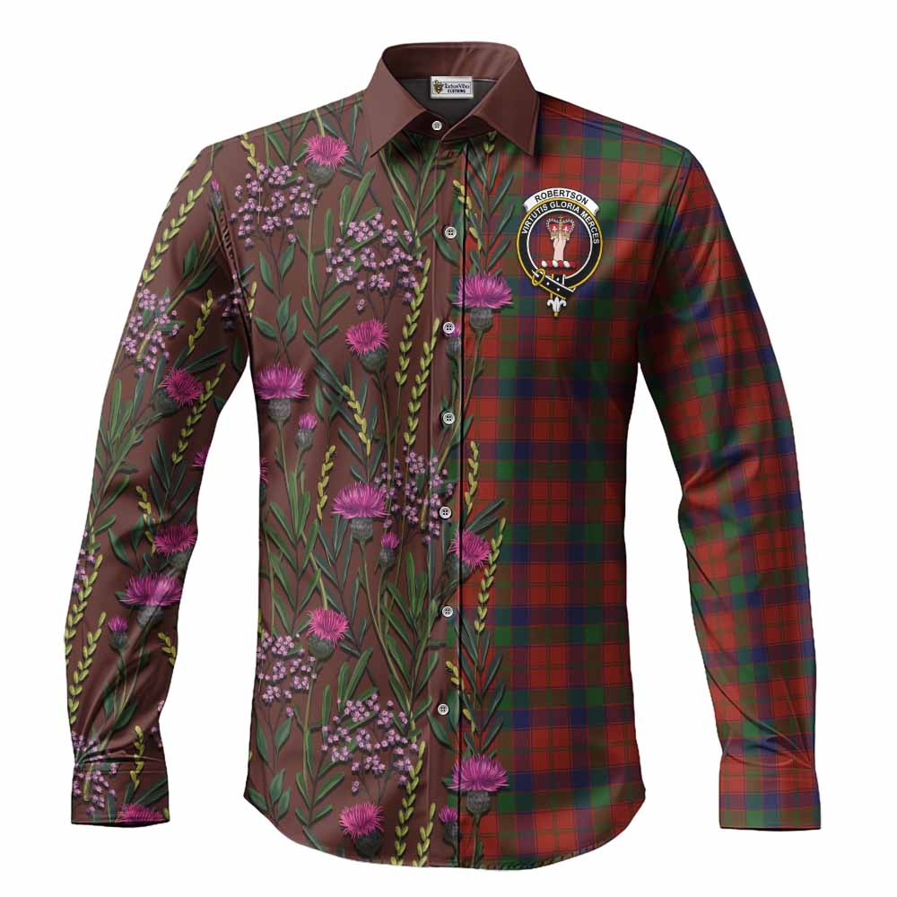 Robertson Family Crest Tartan Long Sleeve Button Shirts Scottish Thistle Flower Pattern Half Style - Tartan Vibes Clothing