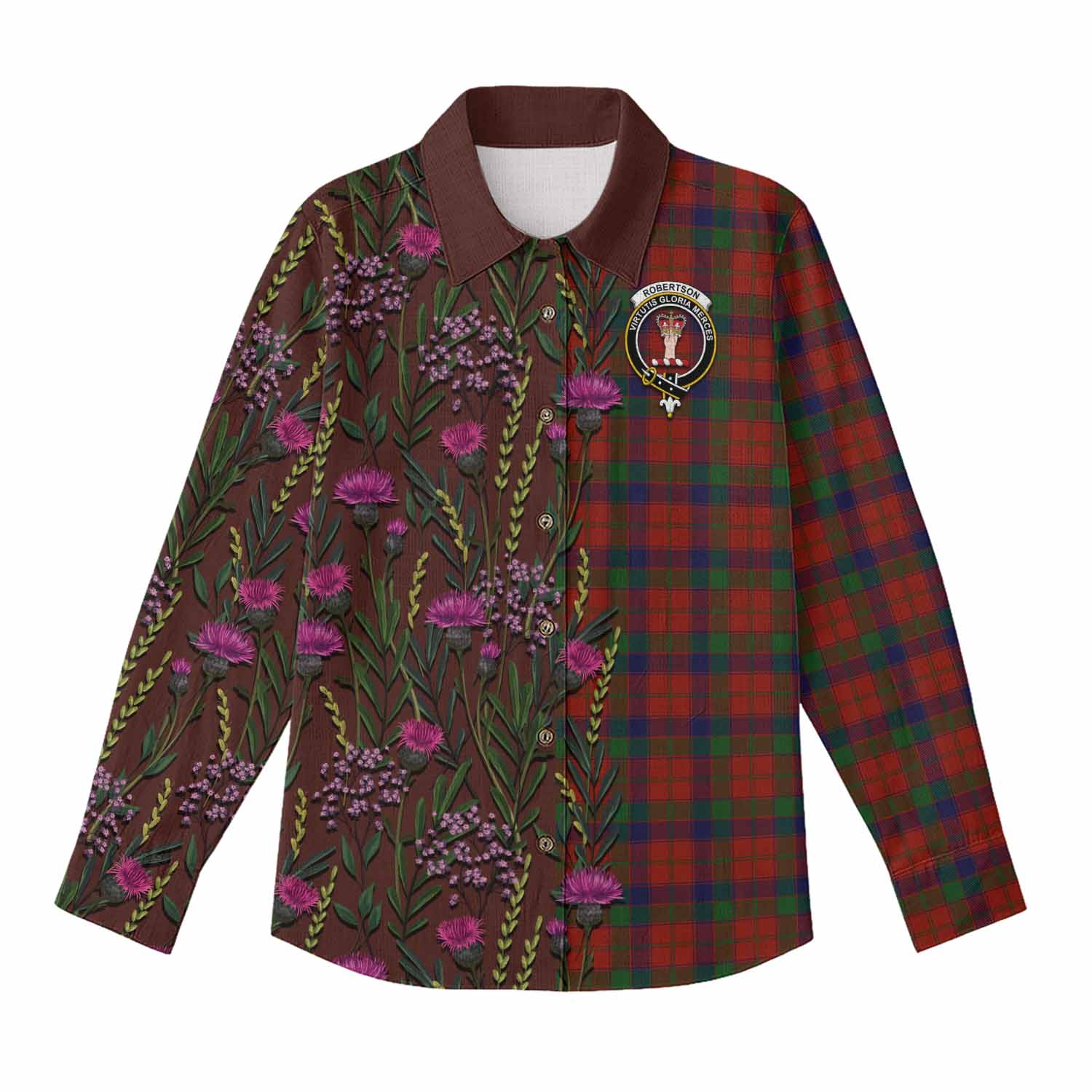 Robertson Family Crest Tartan Women Casual Shirt Scottish Thistle Flower Pattern Half Style - Tartan Vibes Clothing