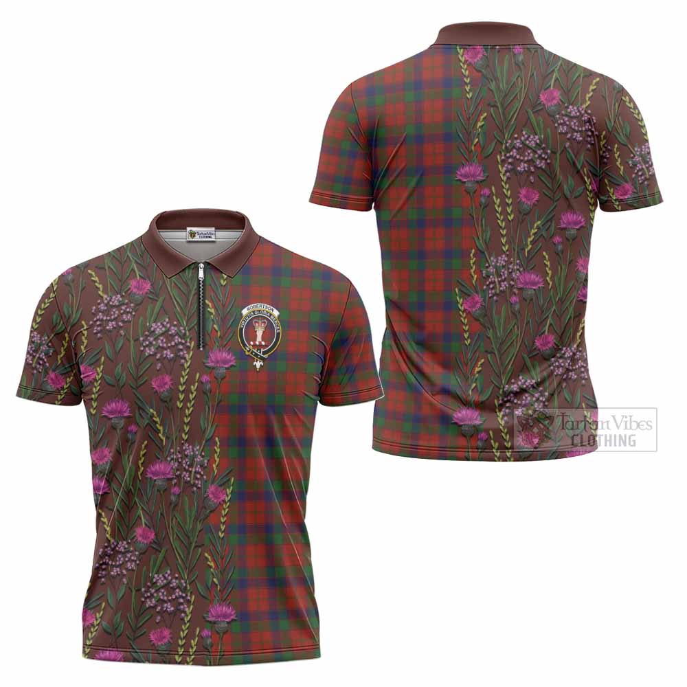 Robertson Family Crest Tartan Zipper Polo Shirt Scottish Thistle Flower Pattern Half Style - Tartan Vibes Clothing