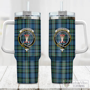 Robertson Hunting Ancient Tartan and Family Crest Tumbler with Handle