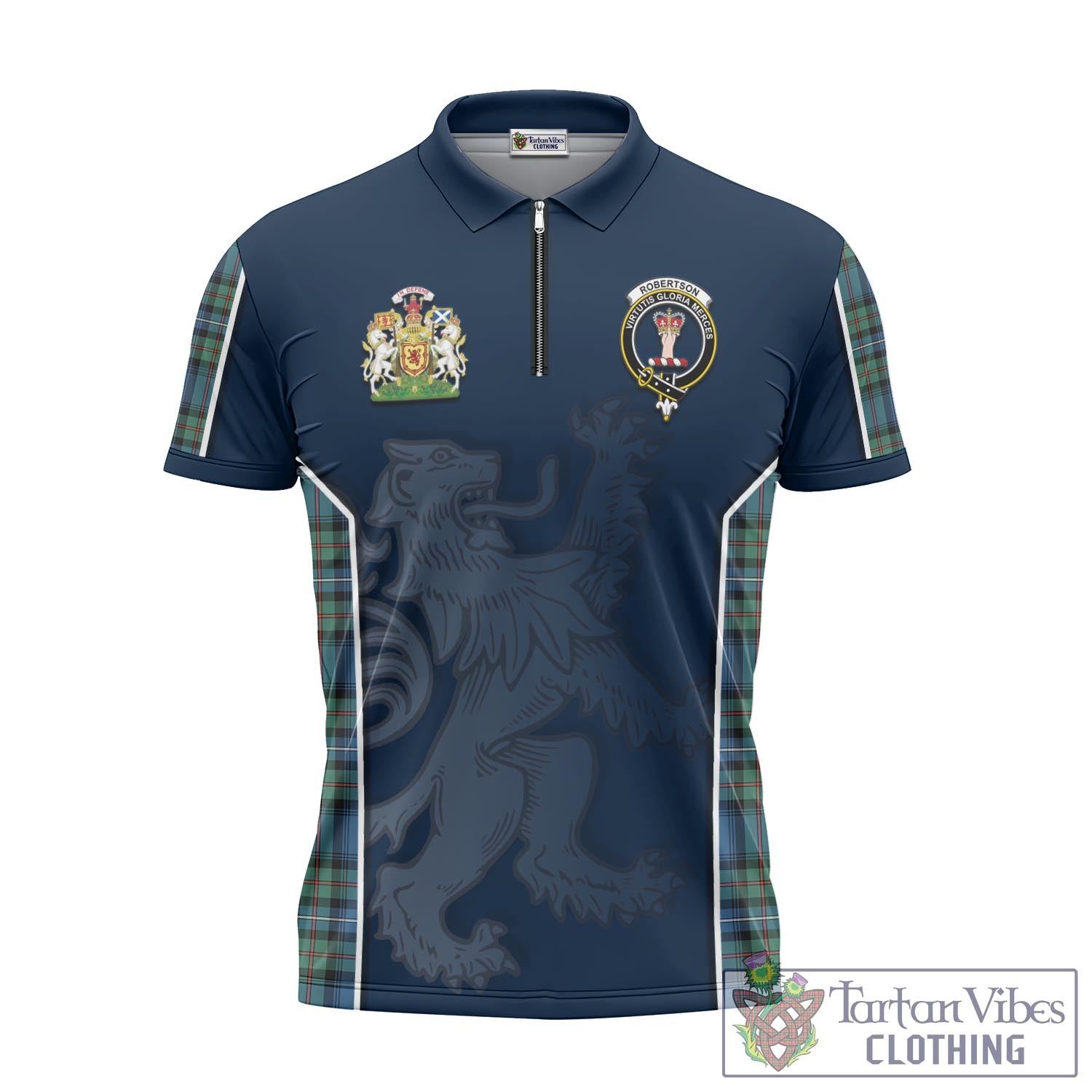 Tartan Vibes Clothing Robertson Hunting Ancient Tartan Zipper Polo Shirt with Family Crest and Lion Rampant Vibes Sport Style
