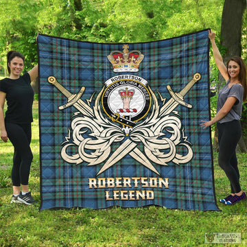 Robertson Hunting Ancient Tartan Quilt with Clan Crest and the Golden Sword of Courageous Legacy