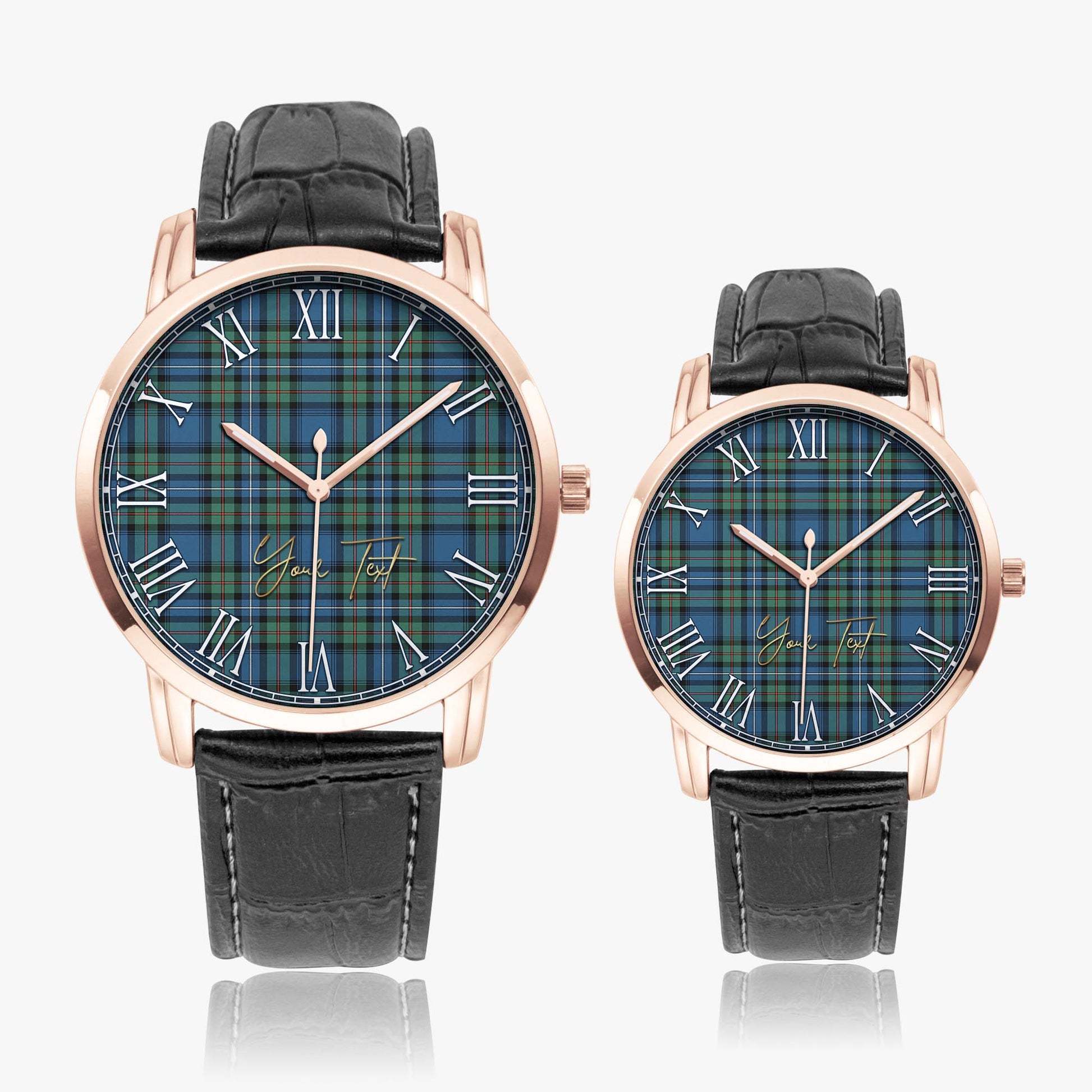 Robertson Hunting Ancient Tartan Personalized Your Text Leather Trap Quartz Watch Wide Type Rose Gold Case With Black Leather Strap - Tartanvibesclothing