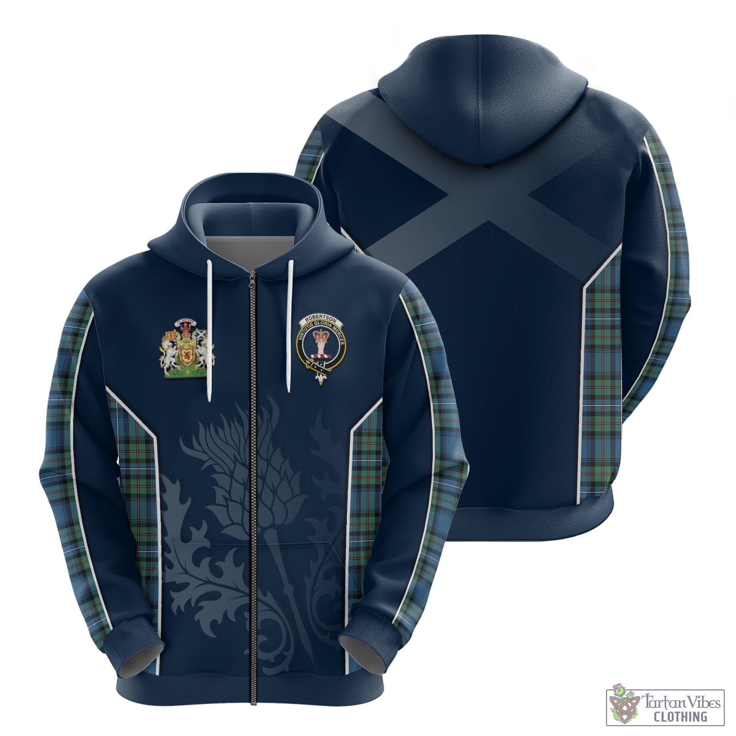 Tartan Vibes Clothing Robertson Hunting Ancient Tartan Hoodie with Family Crest and Scottish Thistle Vibes Sport Style