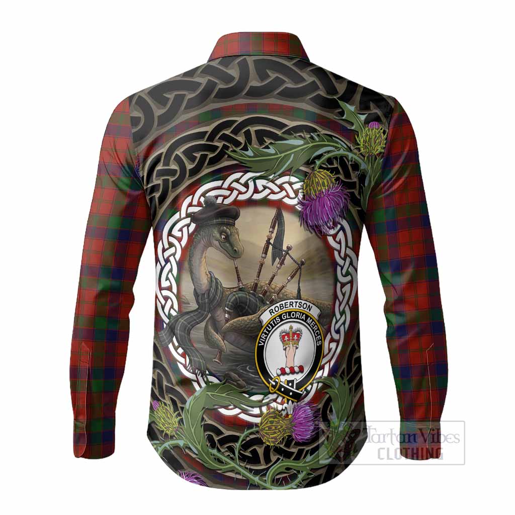 Robertson Tartan Crest Bagpipe Nessie Long Sleeve Button Shirts Scottish Loch Ness Monster Celtic Thistle