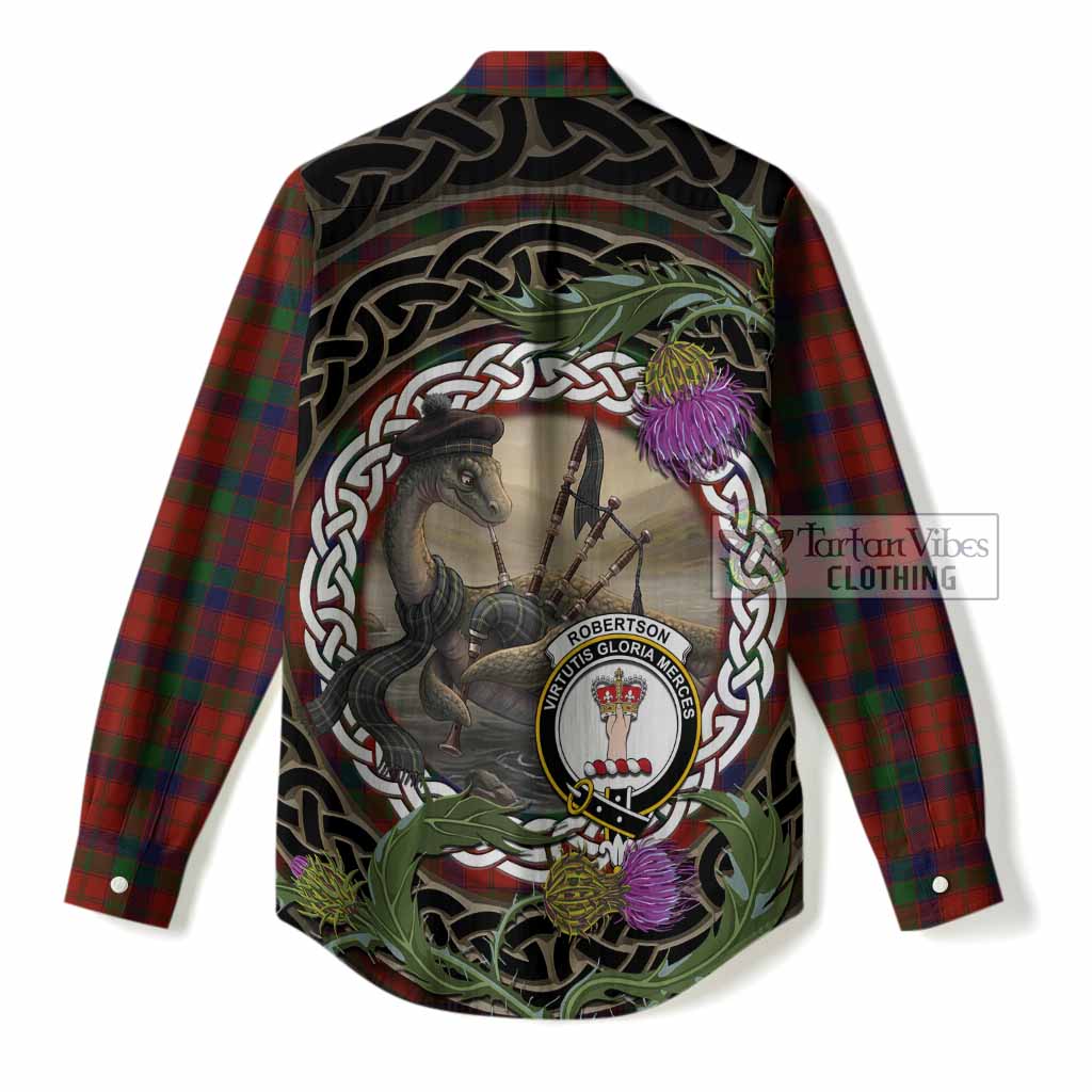 Robertson Tartan Crest Bagpipe Nessie Women Casual Shirt Scottish Loch Ness Monster Celtic Thistle