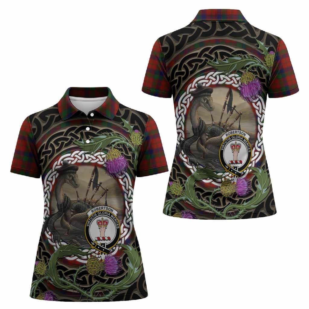 Robertson Tartan Crest Bagpipe Nessie Women Polo Shirt Scottish Loch Ness Monster Celtic Thistle