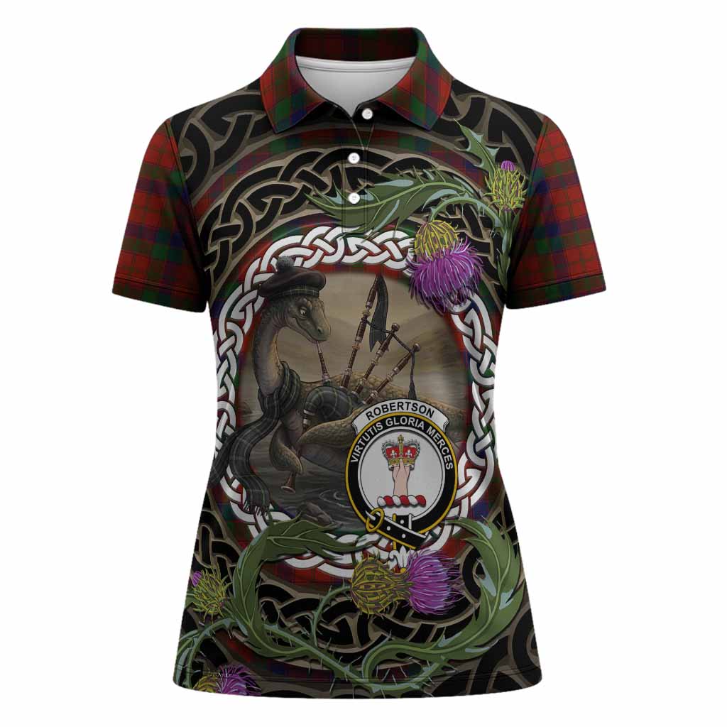 Robertson Tartan Crest Bagpipe Nessie Women Polo Shirt Scottish Loch Ness Monster Celtic Thistle