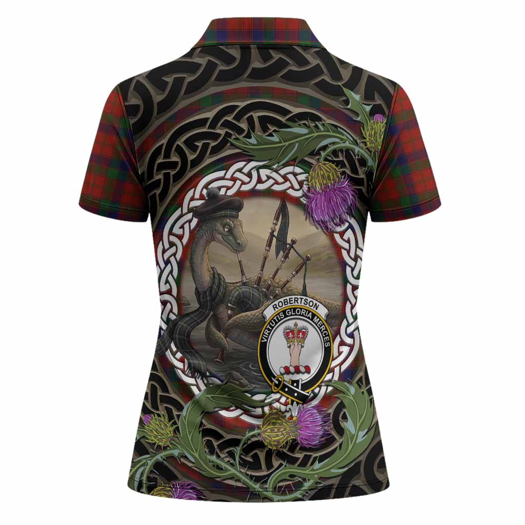 Robertson Tartan Crest Bagpipe Nessie Women Polo Shirt Scottish Loch Ness Monster Celtic Thistle