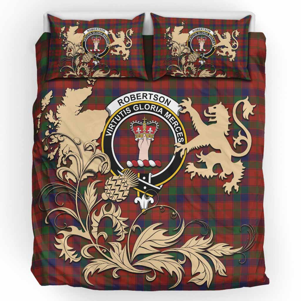 Robertson Tartan Crest Bedding Set with Scottish Iconic Symbols 