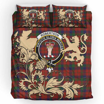 Robertson Tartan Crest Bedding Set with Scottish Iconic Symbols 