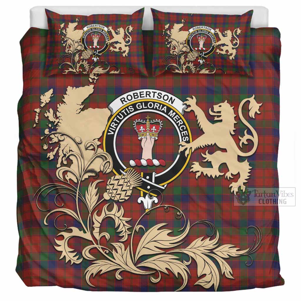 Robertson Tartan Crest Bedding Set with Scottish Iconic Symbols 