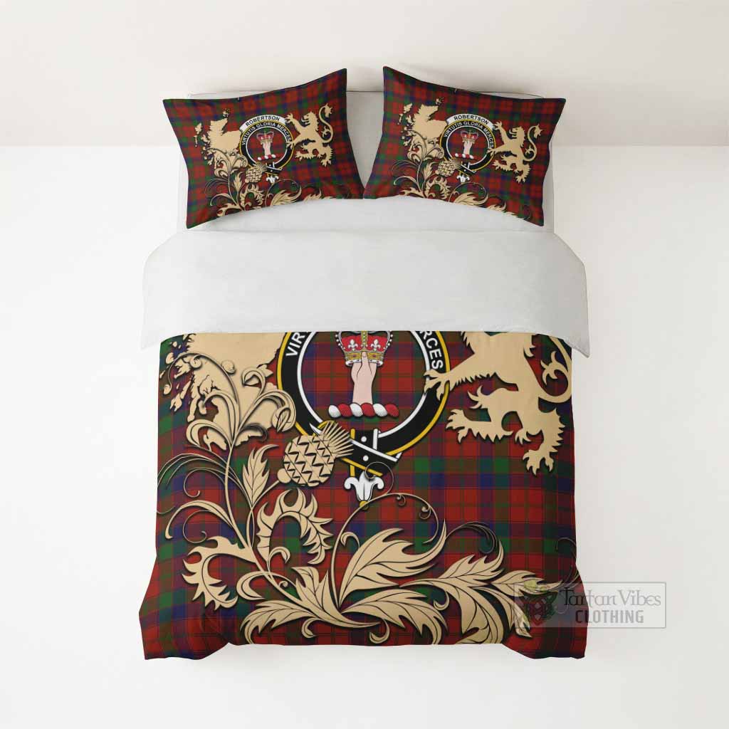 Robertson Tartan Crest Bedding Set with Scottish Iconic Symbols 