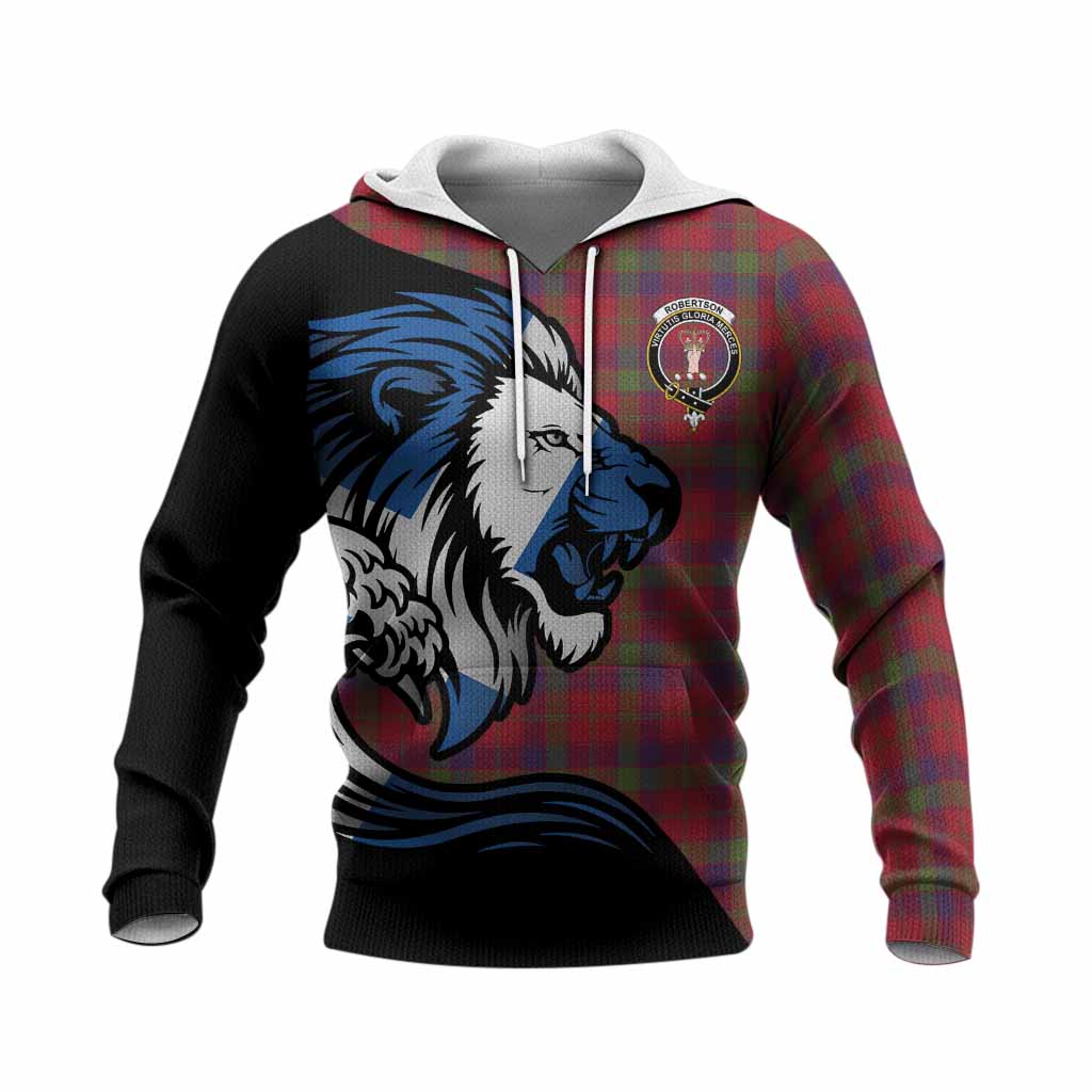Robertson Tartan Crest Knitted Hoodie Scottish Golden Lions Wave Flow