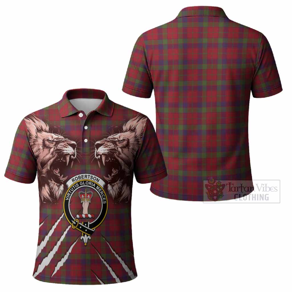 Robertson Tartan Crest Polo Shirt Ferocious Lion Style