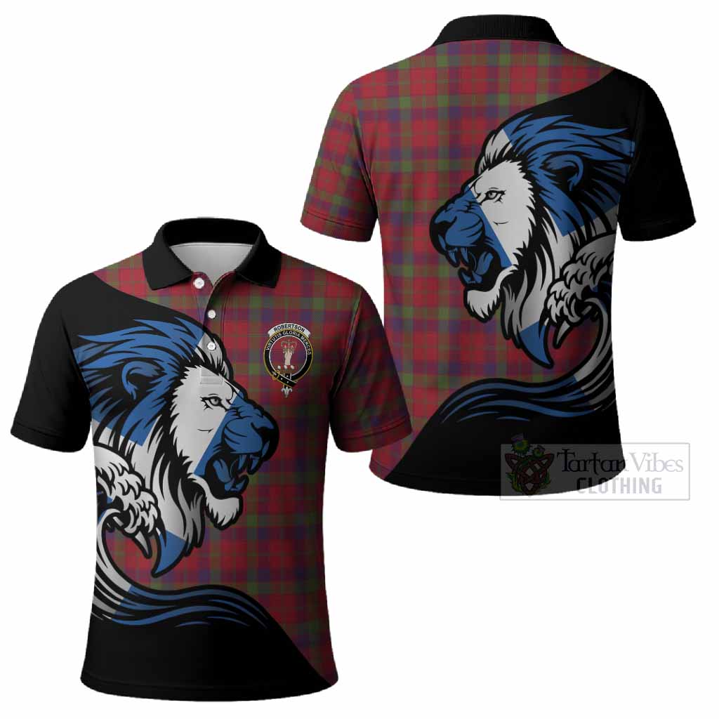 Robertson Tartan Crest Polo Shirt Scottish Golden Lions Wave Flow