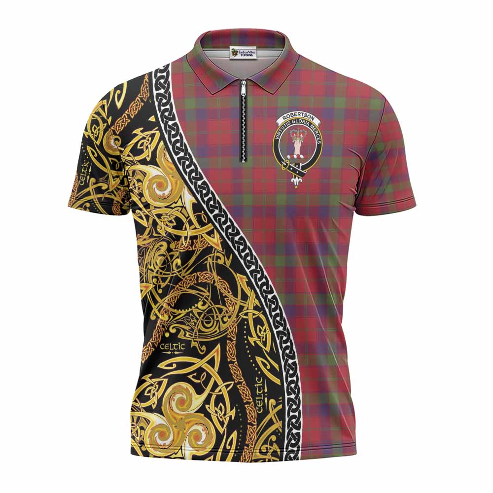 Robertson Tartan Crest Zipper Polo Shirt Celtic Knot and Triple Trickle Spiral Symbols