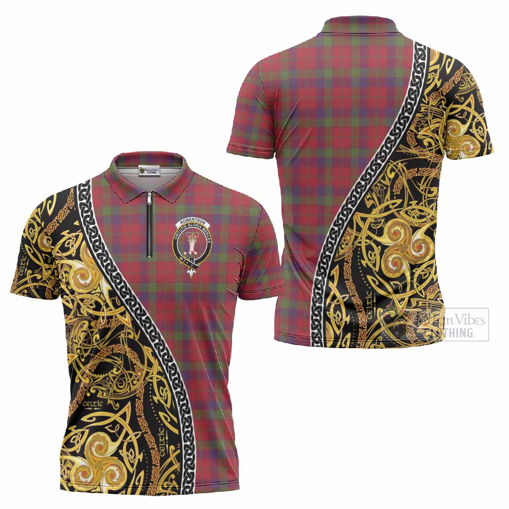 Robertson Tartan Crest Zipper Polo Shirt Celtic Knot and Triple Trickle Spiral Symbols