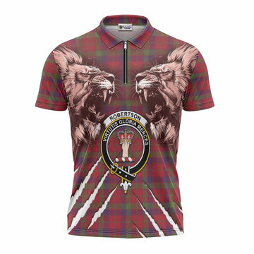 Robertson Tartan Crest Zipper Polo Shirt Ferocious Lion Style