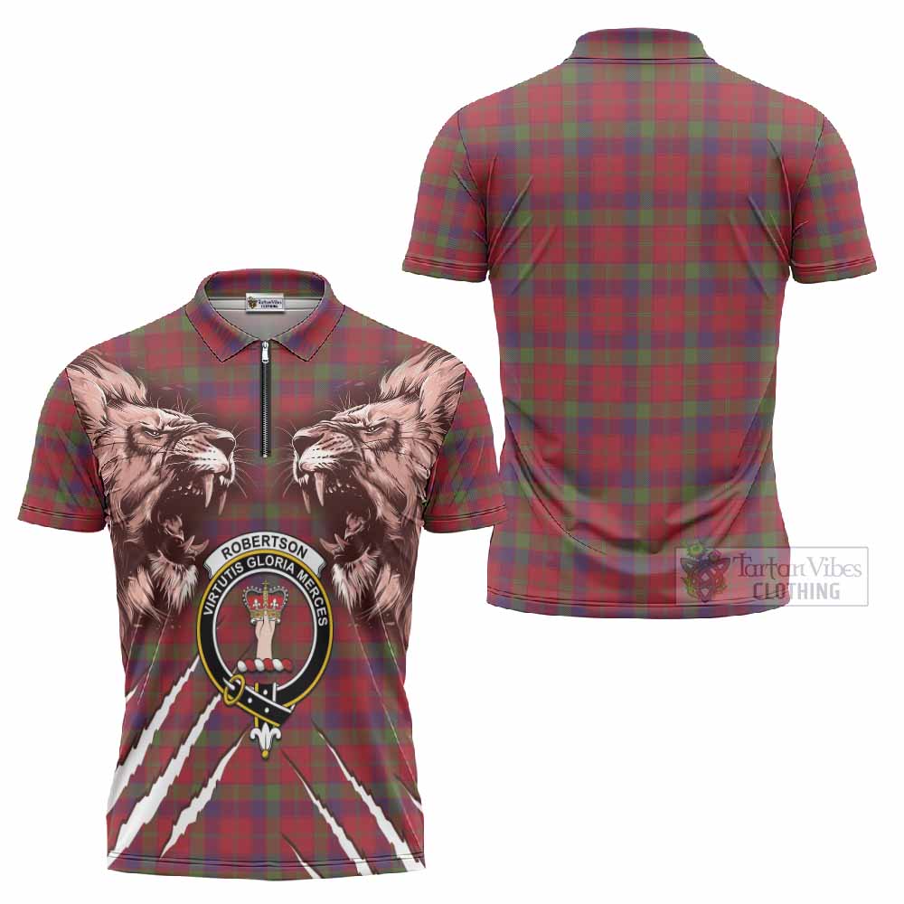 Robertson Tartan Crest Zipper Polo Shirt Ferocious Lion Style