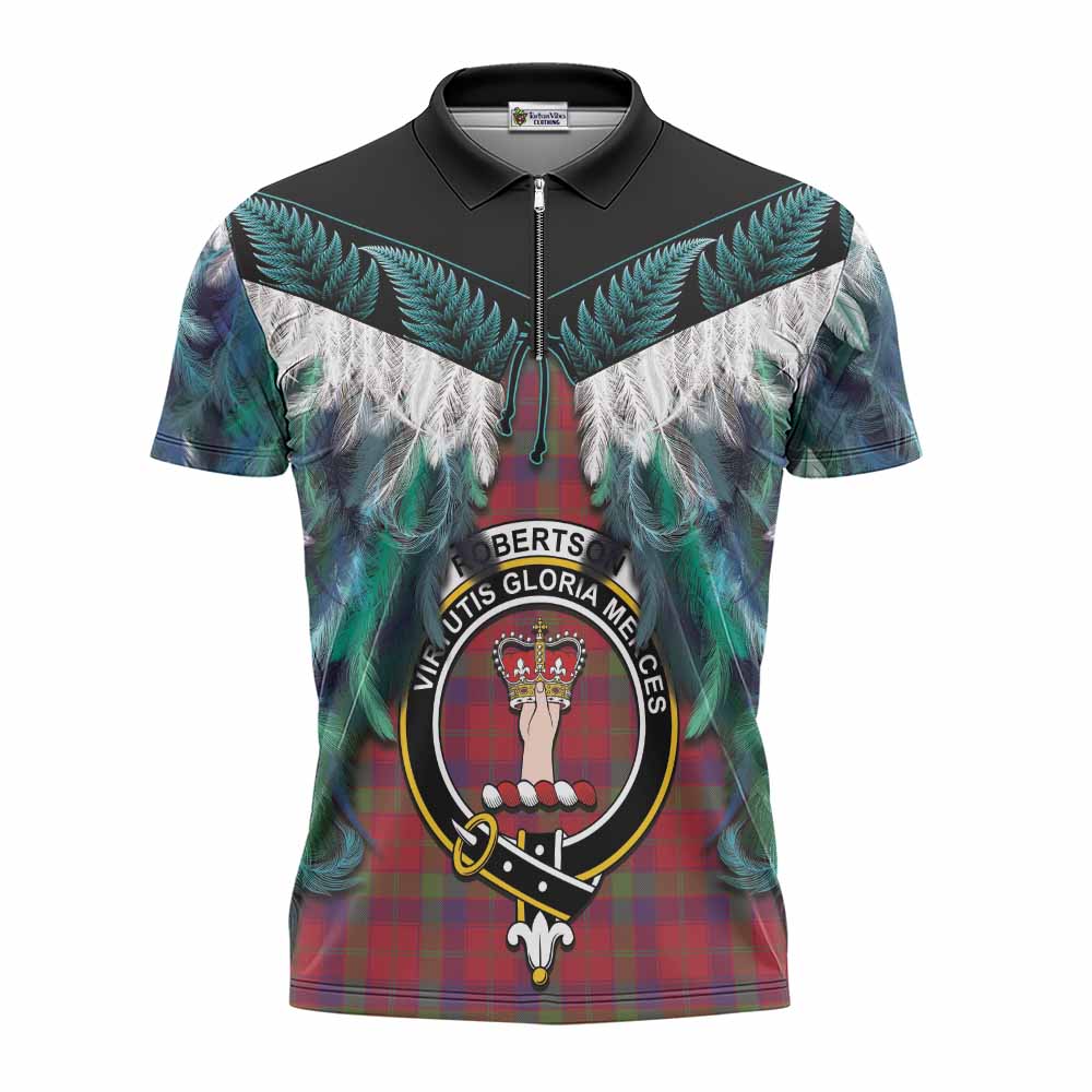 Robertson Tartan Crest Zipper Polo Shirt New Zealand Maori Korowai Cloak