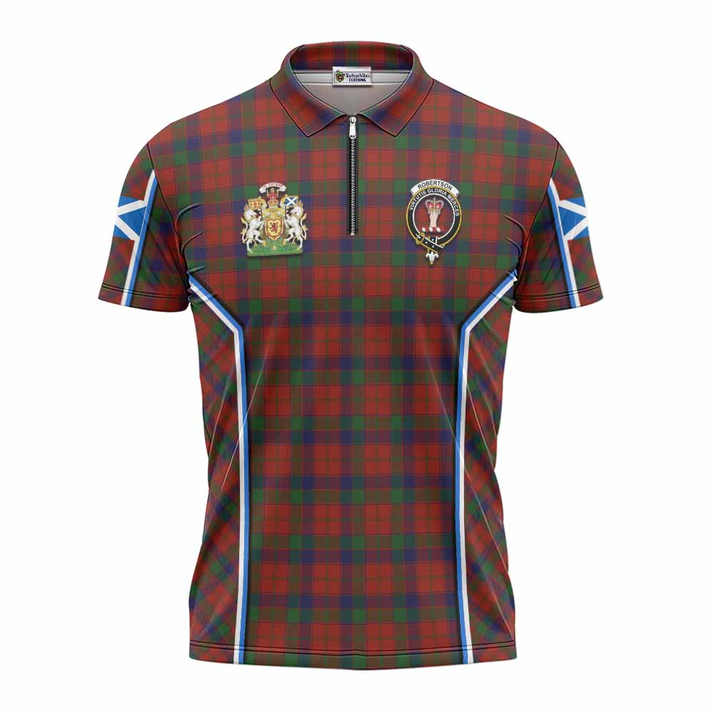 Robertson Tartan Crest Zipper Polo Shirt Scotland Coat of Arm Flag Style - Tartan Vibes Clothing