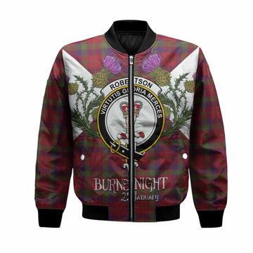 Robertson Tartan Family Crest Bomber Jacket Scottish Burns Night Thistle Floral