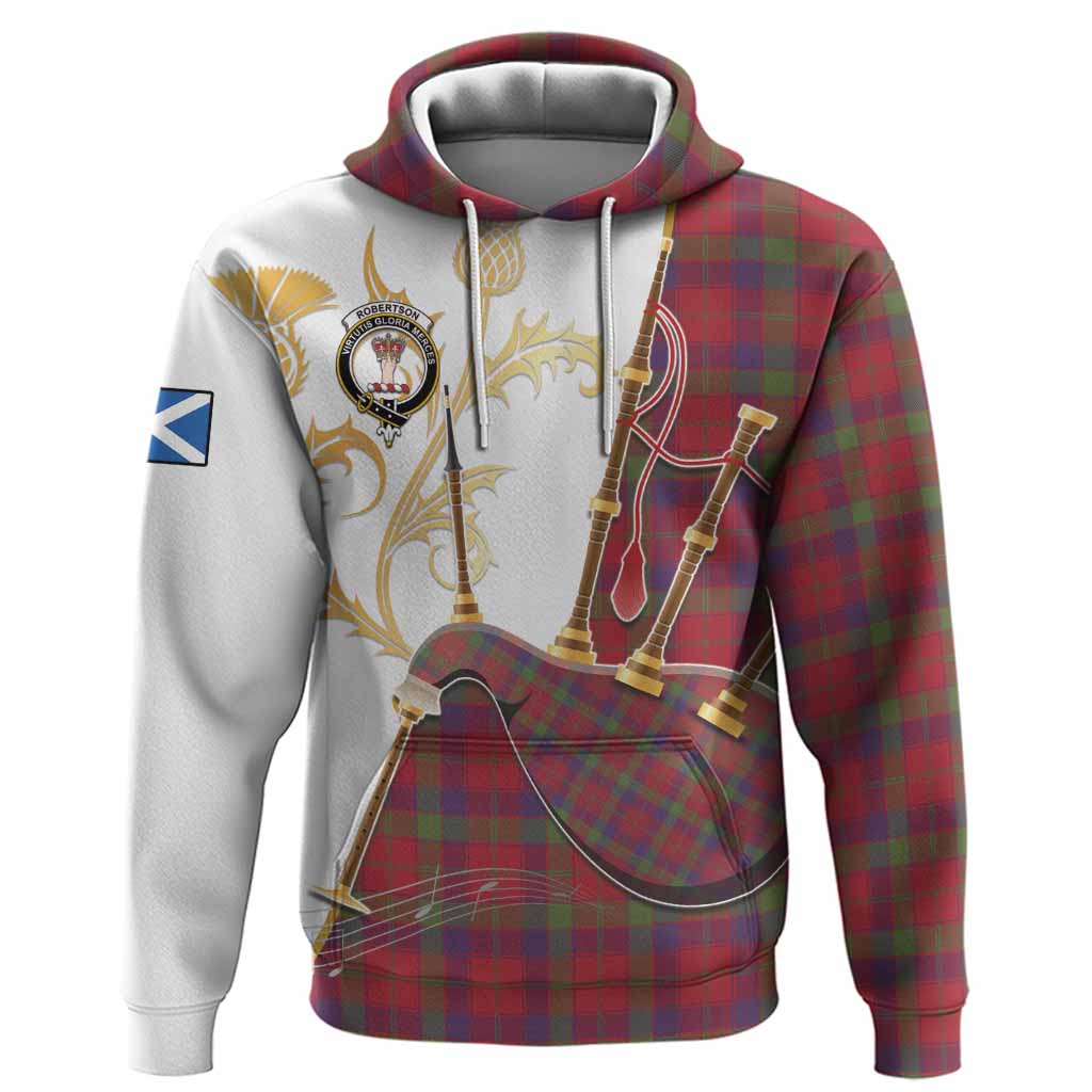 Robertson Tartan Family Crest Hoodie Bagpipes with Scottish Thistle