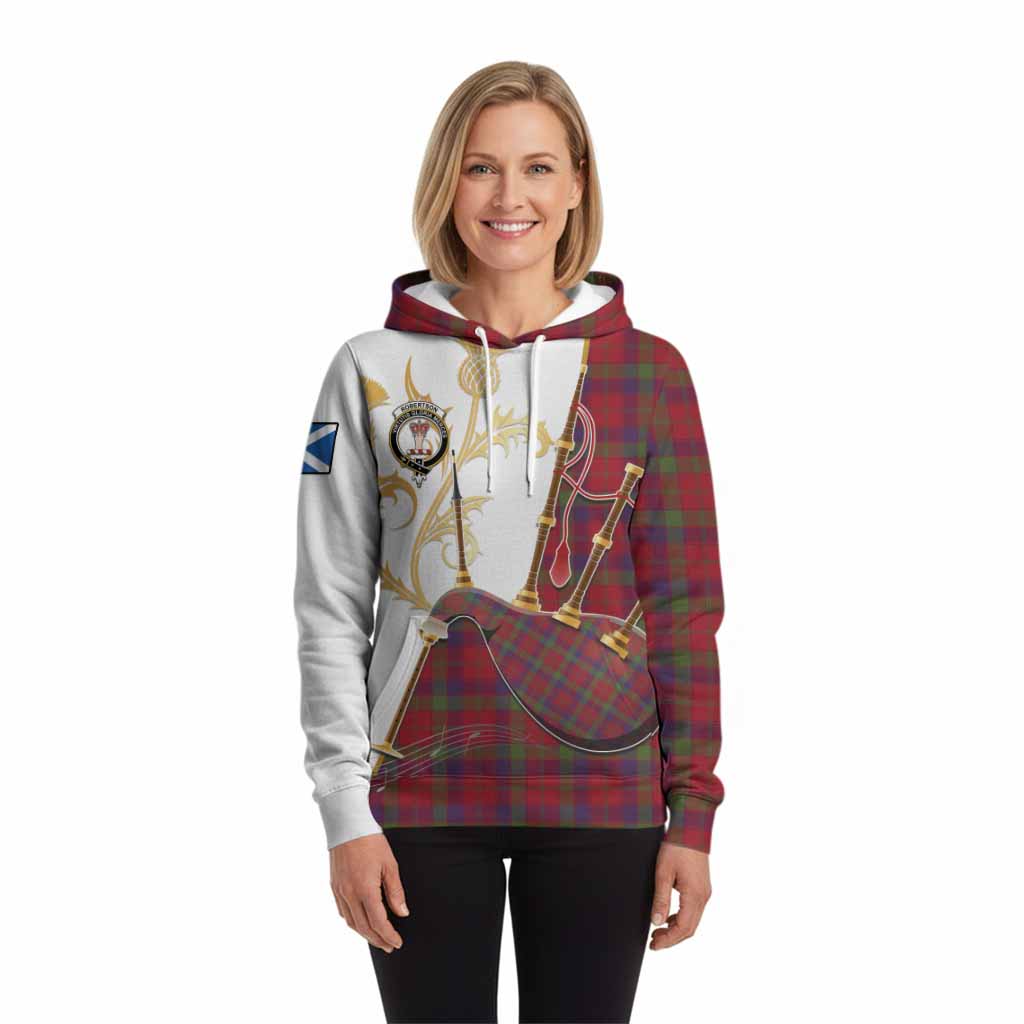 Robertson Tartan Family Crest Hoodie Bagpipes with Scottish Thistle