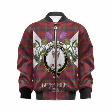 Robertson Tartan Family Crest Kid Bomber Jacket Scottish Burns Night Thistle Floral