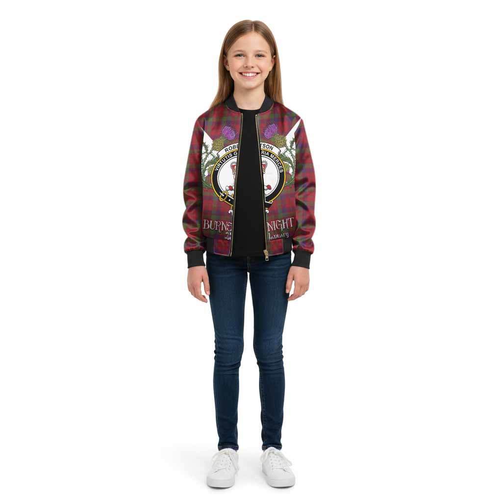 Robertson Tartan Family Crest Kid Bomber Jacket Scottish Burns Night Thistle Floral