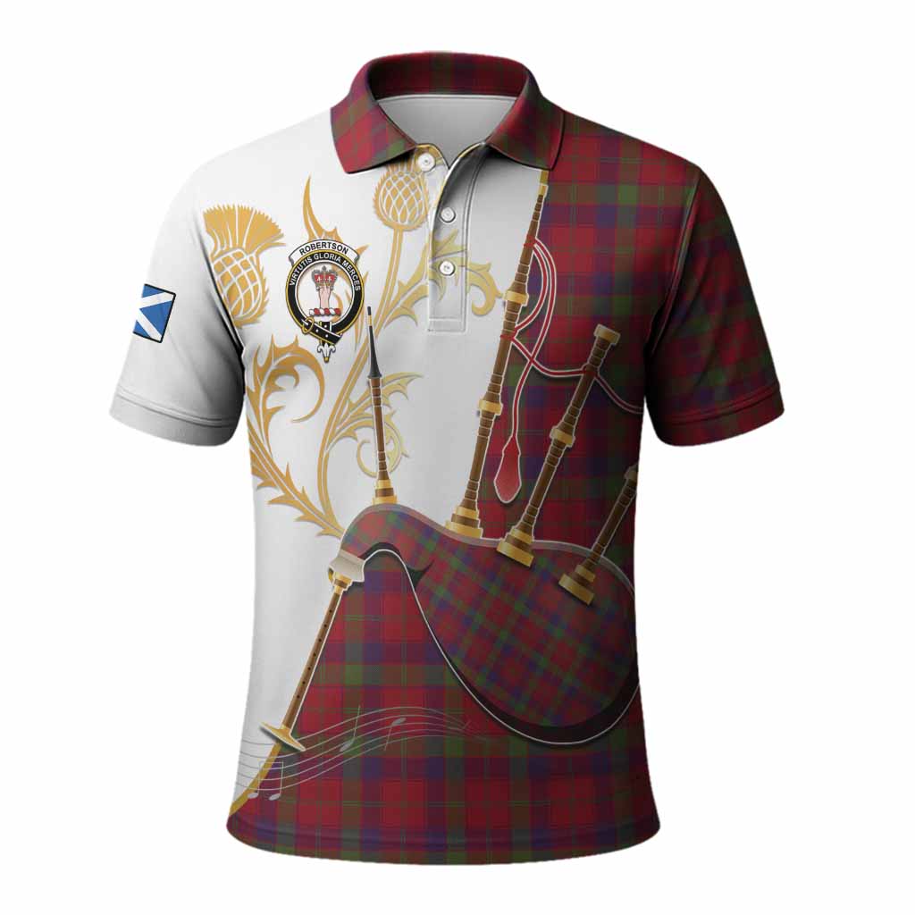 Robertson Tartan Family Crest Polo Shirt Bagpipes with Scottish Thistle