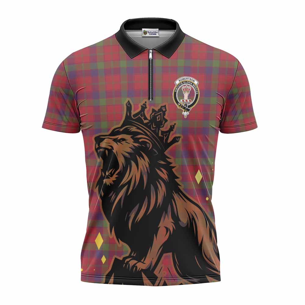 Robertson Tartan Family Crest Zipper Polo Shirt Crowned Lion Roaring